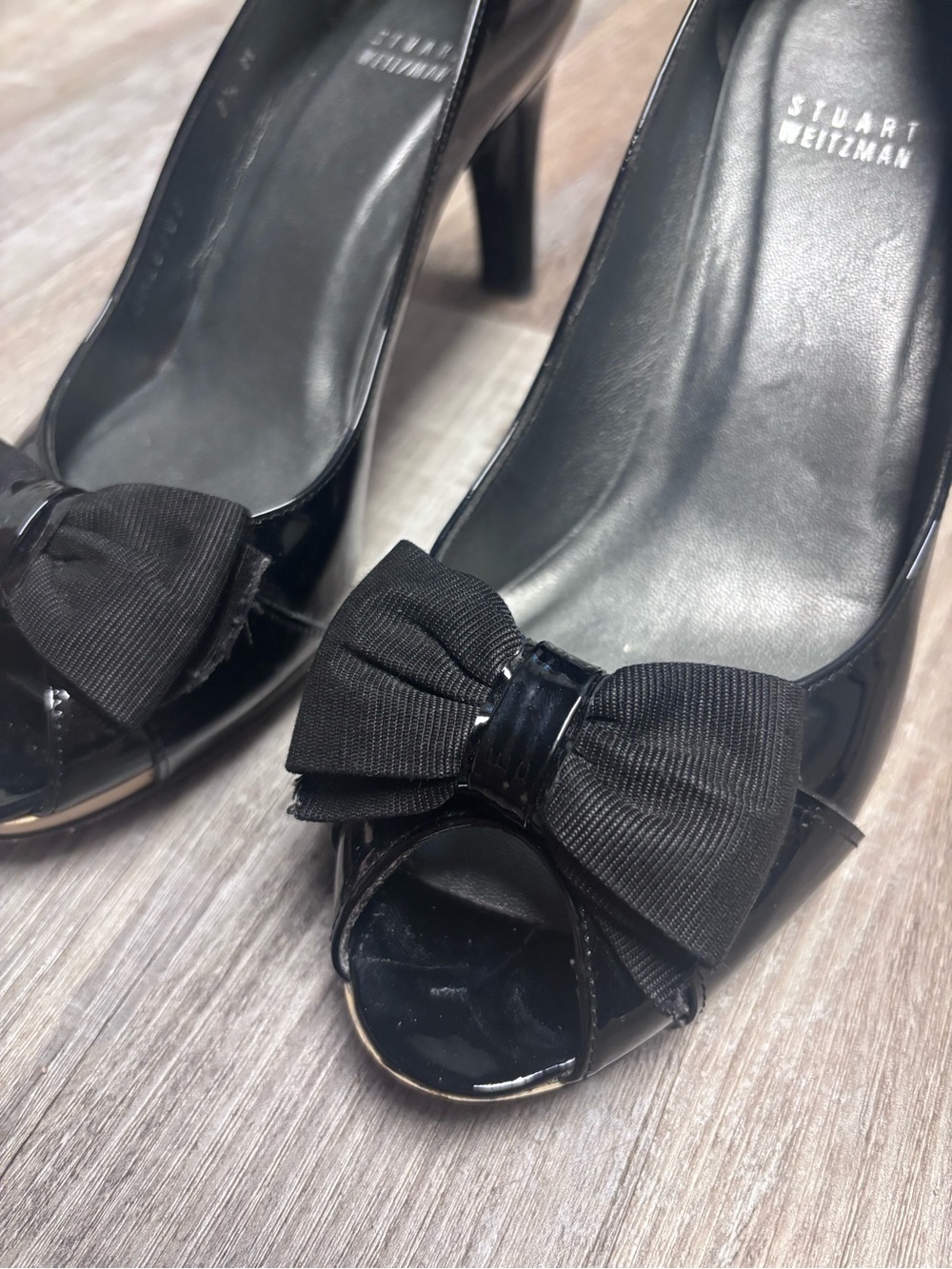 Stuart Weitzman Black Patent Peep-Toe Heels with Bow Accent